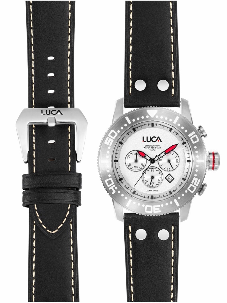 Mens Black Leather Chronograph Watch  BlackWhite Dial